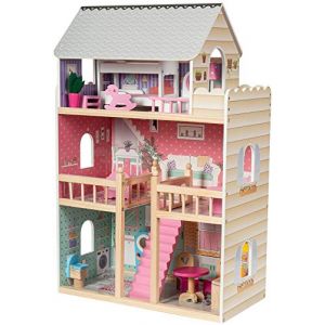 Mamabr Grande Maison de Poupées en Bois, Éclairage LED 60 x 30 x 90 cm 3 Étages Terr e & Accessoires Certificats CE & EN71 Peinture Ecologique Couleurs Pastel