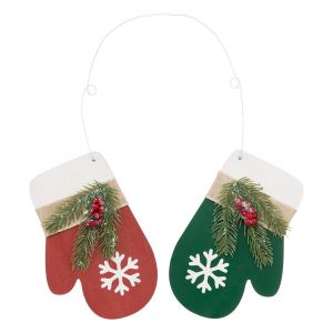 Suspension de No&euml;l Paire de Moufles Rouge et Vert en Bois avec d&eacute;co H 38 cm