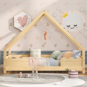 Lit cabane 90x200 cm - en bois de pin - avec proteciton antichute et sommier à lattes - Naturel