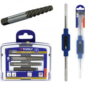 Tivoly Kit Extracteurs de Vis Cassées M4 à M18 + Tourne-à-Gauche N°2 M4 à M12-5 Extracteurs HCS + 1 X-Out + Porte-Taraud en Zamak