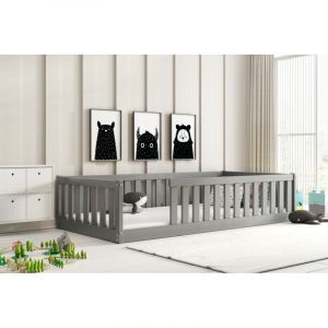 Interbeds - Lit enfant Bella 96x194 Dim. Matelas 90x190 Style Montessori – Au sol- Barrière de Sécurité - Sommier à Lattes- Bois Massif- Pin-Sans