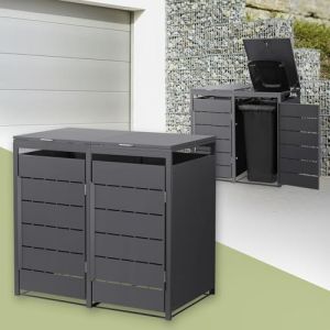 ML-Design Abri Cache pour 2 Poubelles, 132x80x120 cm Capacit&eacute; 240L, Anthracite en Acier, Couvercle Rabattable et Porte Cl&ocirc;ture, Protection Visuelle,