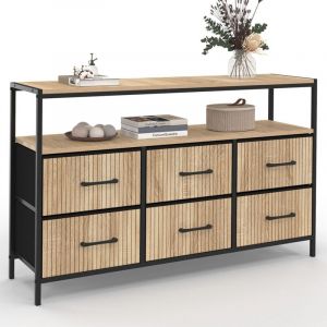 Idmarket Commode 6 tiroirs en tissu UTAH 115 CM avec niche effet lattes meuble de rangement design industriel