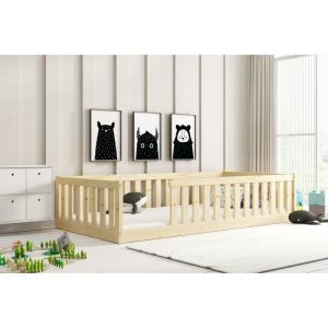 Interbeds - Lit enfant Bella 96x194 Dim. Matelas 90x190 Style Montessori – Au sol- Barrière de Sécurité - Sommier à Lattes- Bois Massif- Pin-Sans