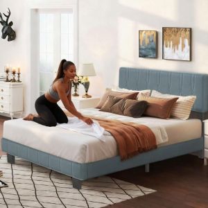 Cadre de lit 140x190 cm / Sommier à lattes en bois/ Sans bruit /Tête de lit réglable/Assemblage facile, Beige Couleur