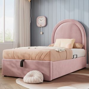 Lit enfant rembourré en velours - 90x190cm - avec rangement - Rose