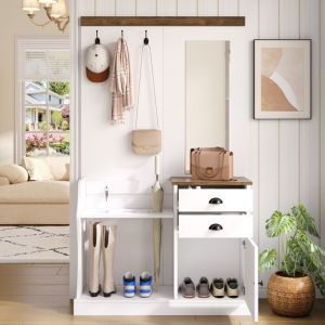 Ensemble vestiaire d'entr&eacute;e 110.5x38x191 cm - Avec miroir et crochets - 2 tiroirs et 1 porte - Avec porte-parapluie - Blanc