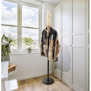 Porte-manteau sur pied 6 crochets, Noir et marron, Pied rond
