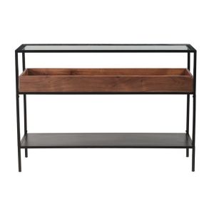 Miliboo Console en métal avec plateau verre et casier bois massif L100 cm HAORA