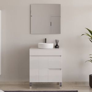 Image de Meuble de salle de bain 70cm sur pieds avec plateau et une cuve à poser ronde - portes et tiroirs - blanc - HARO
