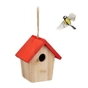 Relaxdays Cabane &agrave; Oiseaux d&eacute;corative, en Bois, Suspendre, HLP : env. 16 x 15 x 11 cm, Jardin et Balcon, Nature/Rouge