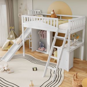 Lit mezzanine 90x200cm - lit enfant avec sommier à lattes, table et armoire, toboggan, échelles - pin+MDF+contreplaqué, blanc