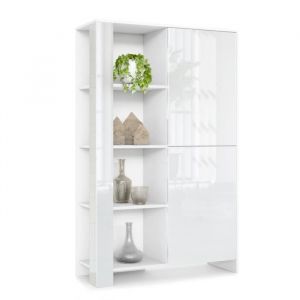 Buffet Haut Canto, meuble haut avec 2 portes et 8 compartiments, blanc mat-blanc brillant-blanc haute brillance (95 x 151,5 x 36 cm)