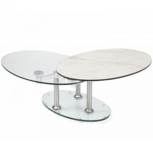 Image de Inside75 Table basse DOUBLE CÉRAMIQUE MARBLE blanc à plateaux pivotants en verre - blanc