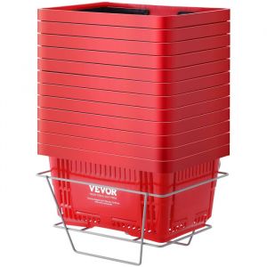 VEVOR Panier de courses, lot de 12, panier à provision en plastique durable 24 L avec poignée noire et support, 425x295x225 mm, panier d'achat pour magasins de détail, supermarchés, courses, rouge