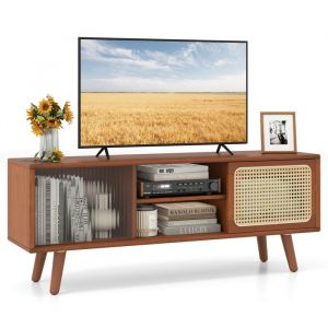 Meuble TV en Bambou avec 4 Compartiments pour TV 55", 4 Pieds en Bois Massif, 2 Portes Coulissantes en Rotin et Verre Tremp&eacute;, 120,5x31x45,5cm, Brun