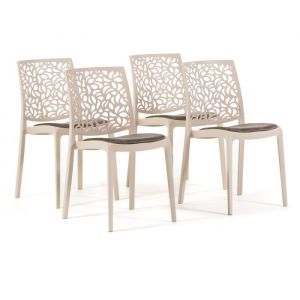 Lot de 4 chaises en polypropyl&egrave;ne cr&egrave;me avec coussin taupe