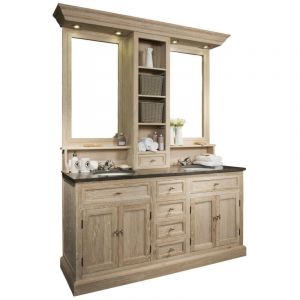 Hellin Meuble de salle de bain double vasque en chêne massif et sa crédence - VÉRONE - bois clair