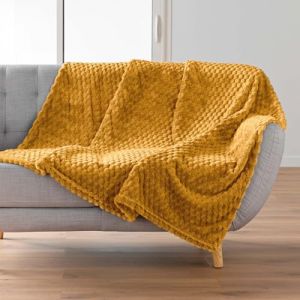 Douceur d'Intérieur Plaid (125 x 150 cm) Mini Frosty Ocre, Flanelle Relief Unie