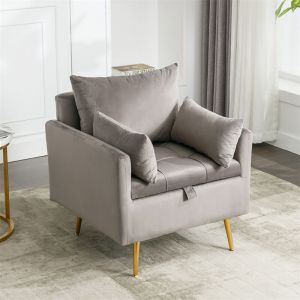 Fauteuil moderne en velours, fauteuil décontracté, fauteuil individuel avec coussin, avec pieds en métal rose doré, gris