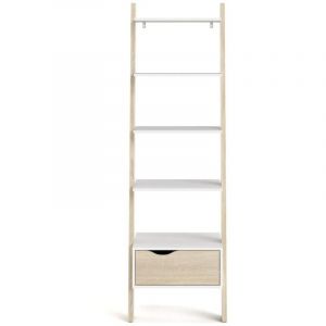 CALICOSY - Bibliothèque 4 étagères, 1 tiroir blanc et décor chêne H180,4 cm - BILLUND