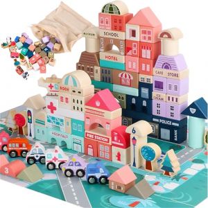 Kinderplay 115 pcs Cubes Bois Ville & Route – Jeu Construction Éducatif dès 2 Ans – Green Series KP8464