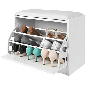 BAKAJI Banc de Rangement à Chaussures en Bois avec Porte à Rabat, Triple Profondeur et Assise en Simili Cuir, Coffre Dimensions 60 x 30 x 48 cm (Blanc)
