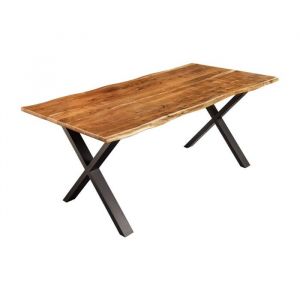 Table de salle &agrave; manger ARKAYA 180 cm &ndash; Plateau en acacia verni et pieds crois&eacute;s m&eacute;tal noir &ndash; Design industriel naturel
