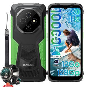 Blackview FORT 1 Smartphone Portable Incassable 6.56" 12Go+128Go 10000mAh Android 15 NFC Vert avec W50pro montre intelligente Noir