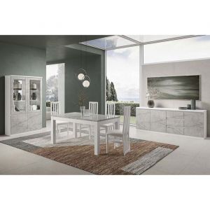 DEYTON - Ensemble S&eacute;jour Complet Blanc et Gris Marbr&eacute; Table 190cm + Buffet + Vitrine avec Leds