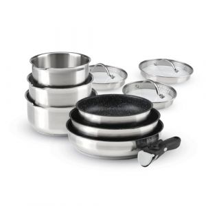 Image de Qdesign - Batterie de Cuisine à Induction 10 Pièces - Set de 3 Casseroles, 3 Poêles Anti-Adhésives, 3 Couvercles et Poignée Amovible - Acier Inoxydable - Tout Feu - Argenté/Noir