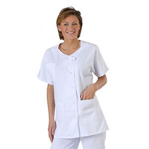 Label Blouse Tunique médicale et esthticienne col trapèze 3 poches Sergé 210 gramme Couleurs Blanc Pressions inoxydables Lavage Machine 90 degrés ou industriel T7-60/62