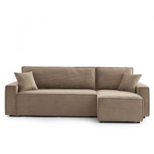 Canap&eacute; d'angle convertible en velours c&ocirc;tel&eacute; 4 places gr&egrave;ge