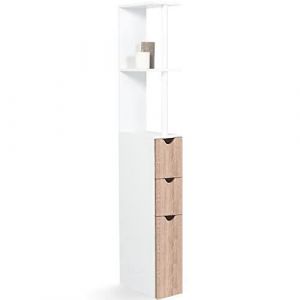 Colonne Meuble Wc Salle de Bain 3 Tiroirs en Bois Blanc Marron 3 Etagères Toilettes