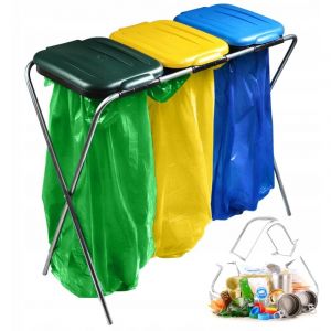 Support triple pour sac poubelle - Avec couvercle en plastique - Pour sac poubelle de 120 l - Vert/jaune/bleu - Kadax