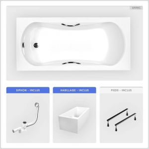 Baignoire rectangulaire - 130 x 70 cm - avec Habillage Polystyrène - Pieds - Poignées - Vidage Chrome - ARIA PLUS