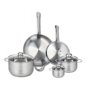 Elo 9880250 Batterie de cuisine 5 pièces, Ensemble de 2 Poêles de cuisson 24 et 32 cm et 3 faitouts 12, 16 et 24 cm Profi Brillant, inox, induction