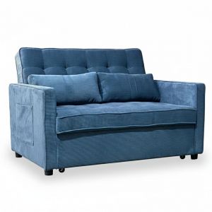Menzzo Canapé convertible 2 places Komaria Velours côtelé Bleu