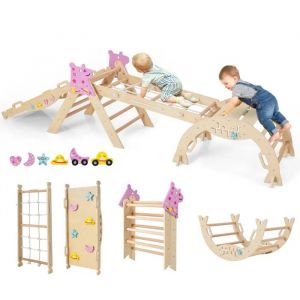 Triangle D'escalade Pliables Costway Jouet Montessori En Bois Massif Aire De Jeux Avec Arche &Agrave; Th&egrave;me Licorne Naturel