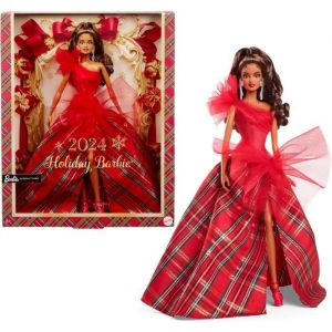Mattel Signature 2024, Cadeaux de Collection saisonniers Signature, Robe à Carreaux avec nœud Rouge, Emballage présentable, Cheveux Marron Clair, HRM67