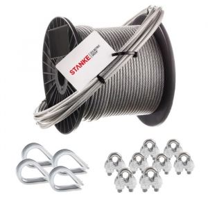 Seilwerk Stanke - Câble d'acier inoxydable gainé (couche pvc), 10m, acier V4A, diamètre 4mm 7x7, 4x Cosse-cèur en acier V4A, 8x Serre-câble è étrier