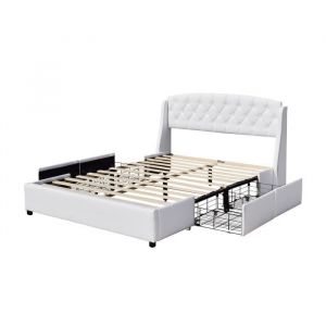 Nuits d'or - iris - Solide et Confortable Lit 140x200 avec Sommier avec 4 tiroirs + Tete de lit Couleur BLANC + Pieds en 4 cm - 2 x