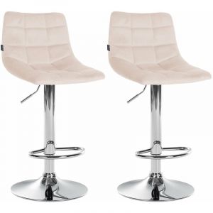 D&eacute;coshop26 Lot de 2 tabourets de bar en velours beige base m&eacute;tal chrom&eacute; r&eacute;glable en hauteur et repose-pieds TDB10629