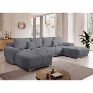 Image de Meublesline Canapé d'angle Panoramique convertible BELUGIA U Gris Foncé en tissu anti tâche hydrophobe