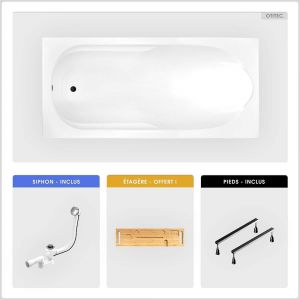 Baignoire rectangulaire - 190 x 80 cm - sans Habillage - avec Pieds - &Eacute;tag&egrave;re bambou - Vidage Chrome - BONA