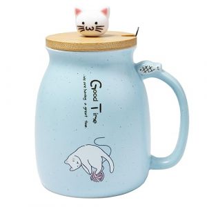 Lachineuse - Tasse Kawaii 450ml - Grande Tasse Chat avec Couvercle & Cuillère - Mug à Infusion, Thé & Café - Tasse Originale Japonaise - Idée Cadeau Japon Asie - Kitty Mignon - Coloris Bleu