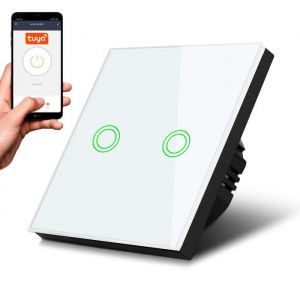 Maclean Double Interrupteur d'éclairage MCE714W Smart WiFi Tuya, en verre, éclairage par bouton rond, encastrable, 85x85mm, blanc