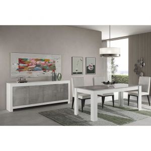 DENAE - Ensemble S&eacute;jour Blanc et Gris Marbr&eacute; Table 190cm + Buffet 4 Portes