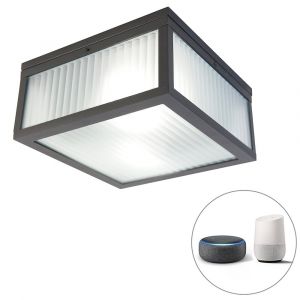 Qazqa Plafonnier d'extérieur intelligent noir avec verre nervuré avec WiFi A60 - Charlois