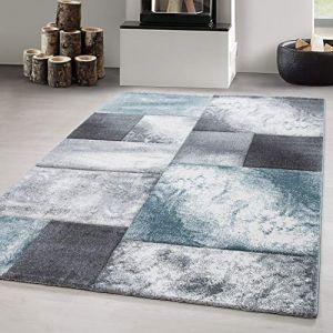 Tapis moderne à poil court pour le salon, motif à carreaux avec découpe de contours Bleu-2 [ 240 x 340 cm ]